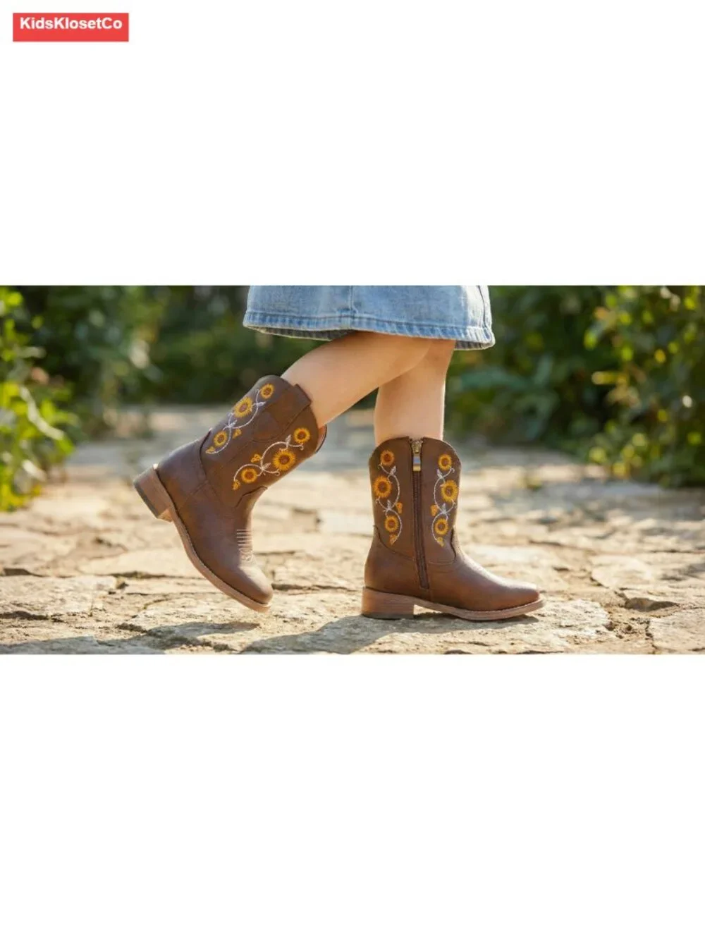 Girls Cowboy Boots with Floral Embroidery - Western Cowgirl Boots with Square